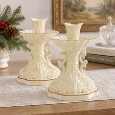 Lenox Aquarius Pair Candlestick Holders Ivory Gold Trim 6.5โ Made in USA
