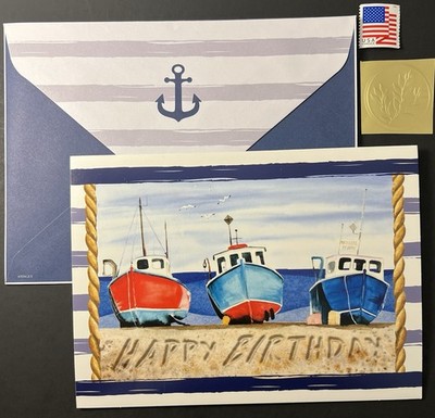 Watercolor Beached Boats Birthday Card Decorated Interior/Env/Seal/Stamp BN