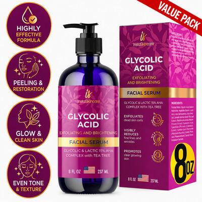 Glycolic Acid 15% Lactic AHA Facial Serum Anti-aging Exfoliating Brightening 8oz