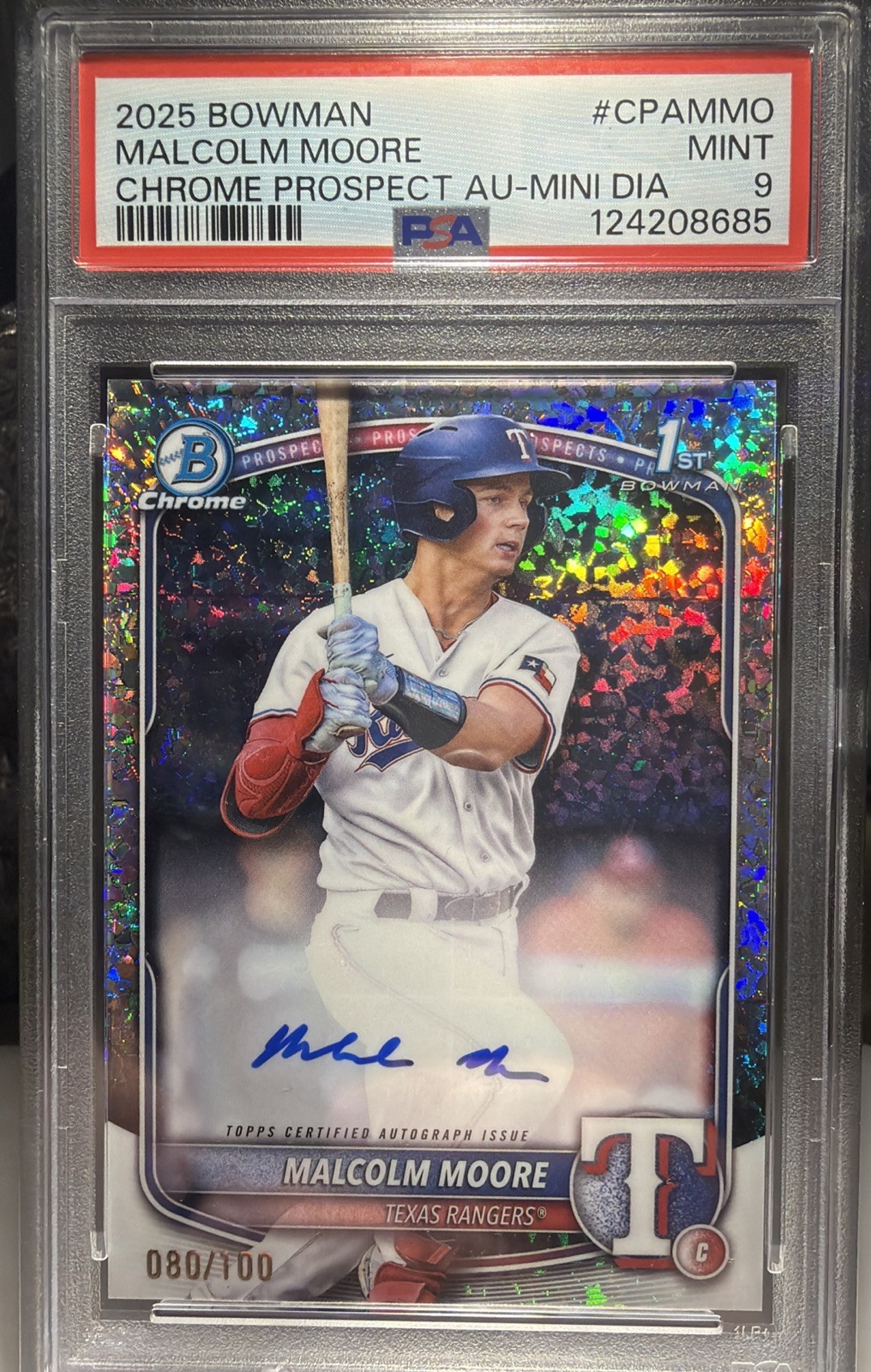 2025 Bowman Chrome MALCOLM MOORE Rangers Mini Diamond Refractor 1st Auto #80/100
