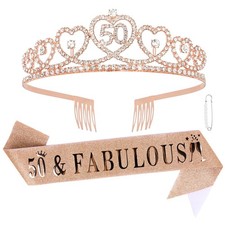 Rose Gold 50th Birthday Sash and Crown Adult Women Rhinestone Birthday Tiara ...