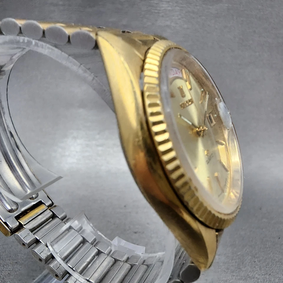 Reloj Ricoh President Hombre 36mm Esfera Dorada Tono Dorado Día Fecha Redondo Batería Nueva Foto 4 de 4