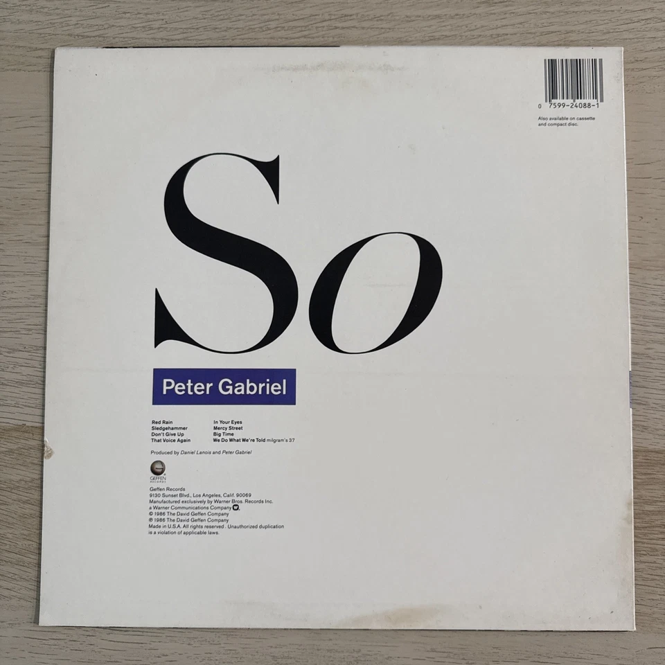PETER GABRIEL - So 1986 Vinyl LP Geffen Records GHS-24088 Original Inner EX Foto 2 de 4