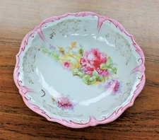 Vtg hand painted Pink Floral Serving Bowl Pink Trim Decorative Dish 5 1/2”