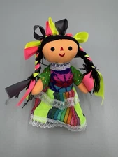 Beautiful Mexican Rag Doll Cloth Handmade Small 5.5” Colorful Folk Art