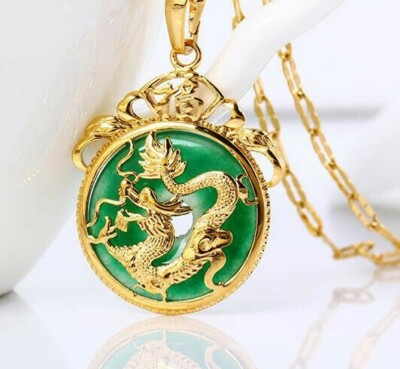 24K Gold Plated Dragon Pendant Malaysia Jade Jewelry Chain