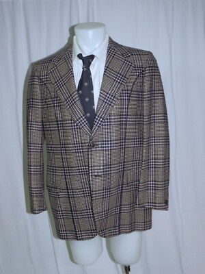 Brioni Roman Style Taupe Blue Giant Plaid Vintage Two Button Sport Coat 44