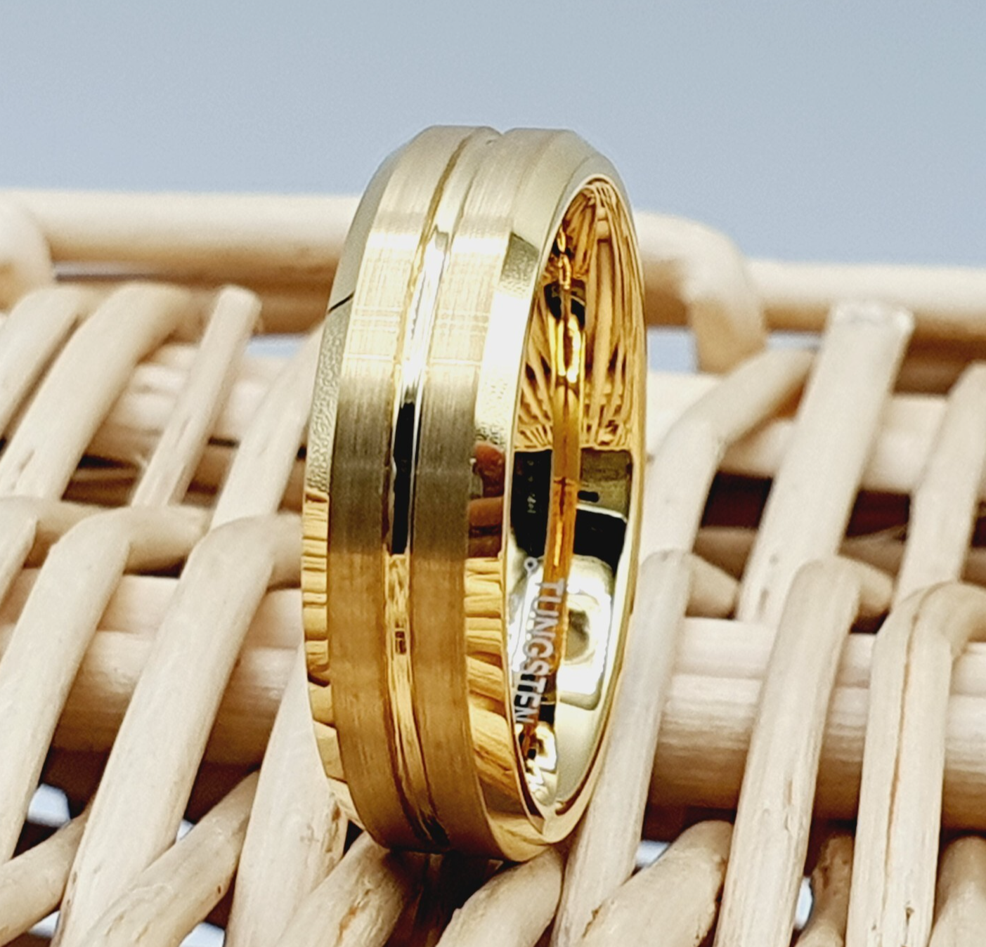 Mens Wedding Band Women's Engagement Ring Yellow Gold Tungsten Wedding Band-image