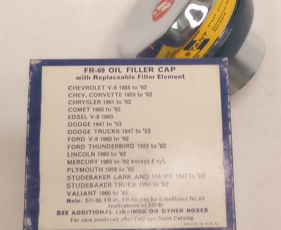 Tampa de enchimento de óleo Stant FR-69 Chev Chrysler Ford V8 Studebaker Willys 1948-66 - Imagem 4 de 4