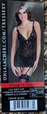 Two Piece Soft Cup Black Chemise w/ Garter Straps G-String NWT OH L L CH RI