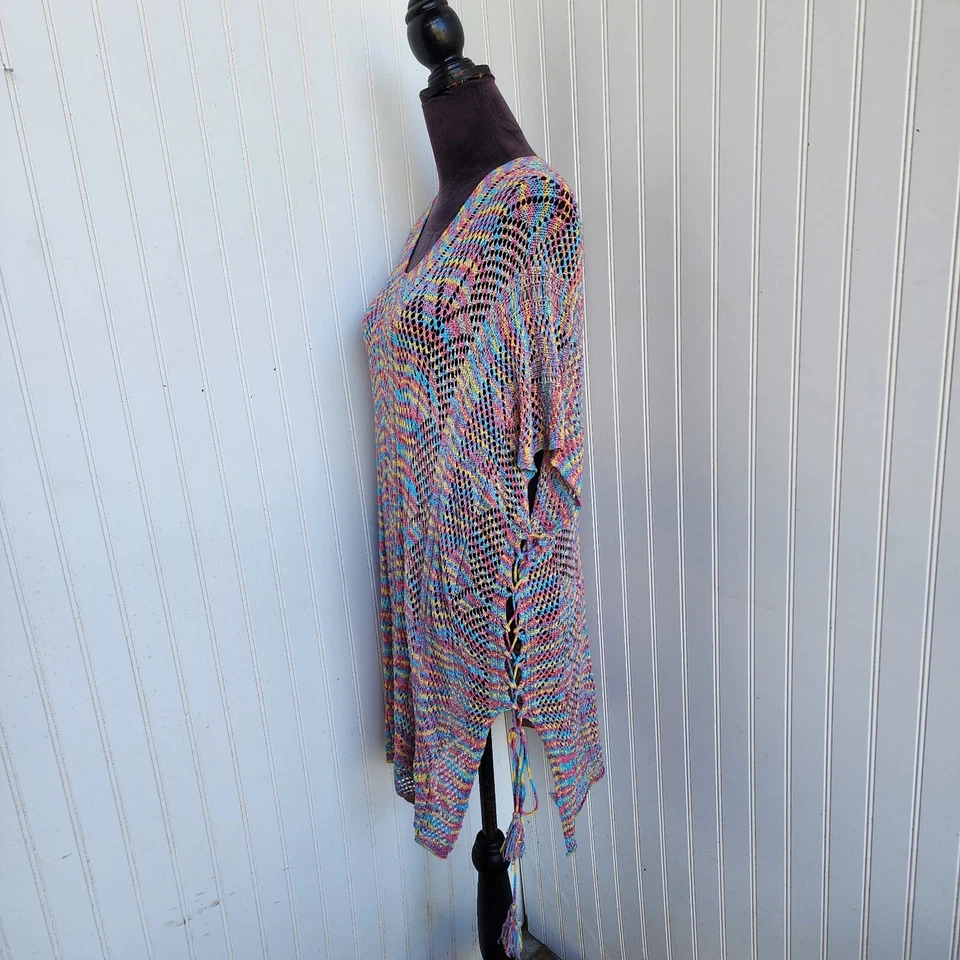 Crochet Knit Swim Cover-Up Women O/S  Cruise Vacation Lace Up Tassle Multi OS - Image 4 of 4