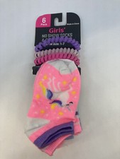 6 Pack Girls No Show Socks w/ 3 Coil Hair Ties Shoe Size 1-7