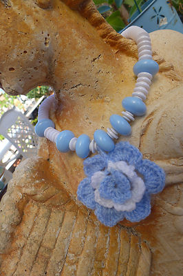Necklace Handmade Crocheted Flower Blue And White Fiber Art