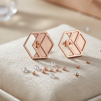Rose Gold Hexagon Stud Earrings, Geometric Double Chevron Minimalist