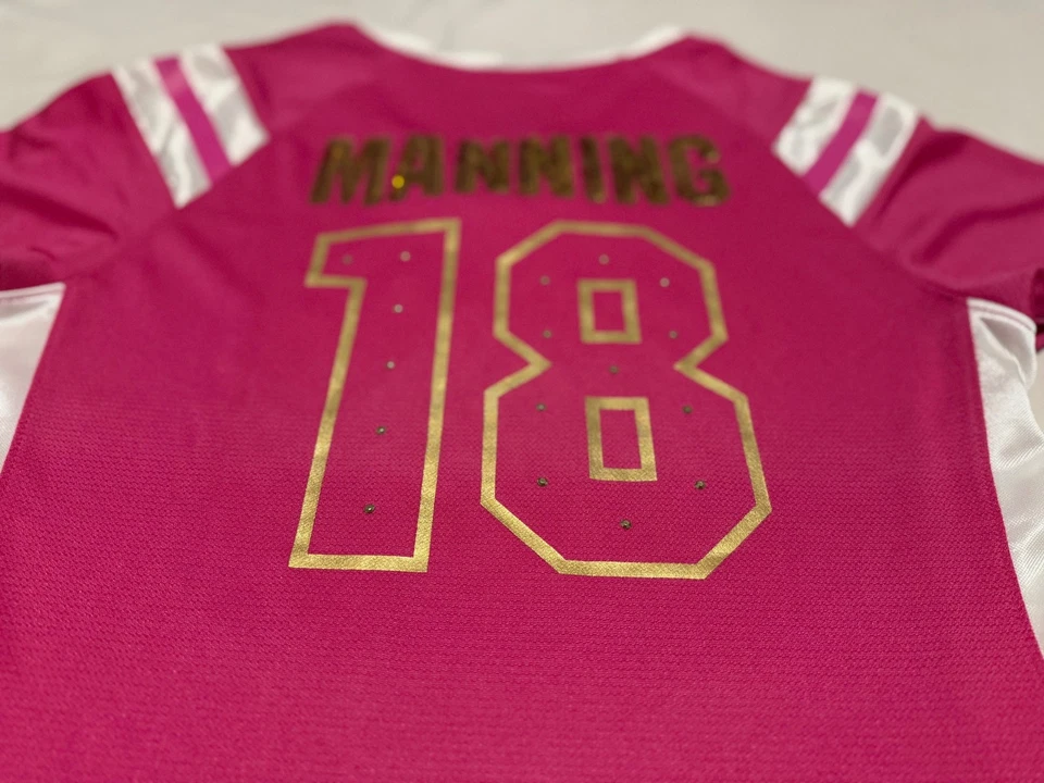 Ropa del equipo de la NFL Denver Broncos Peyton Manning-retirado-#18-camiseta rosa para mujer-M Foto 3 de 4