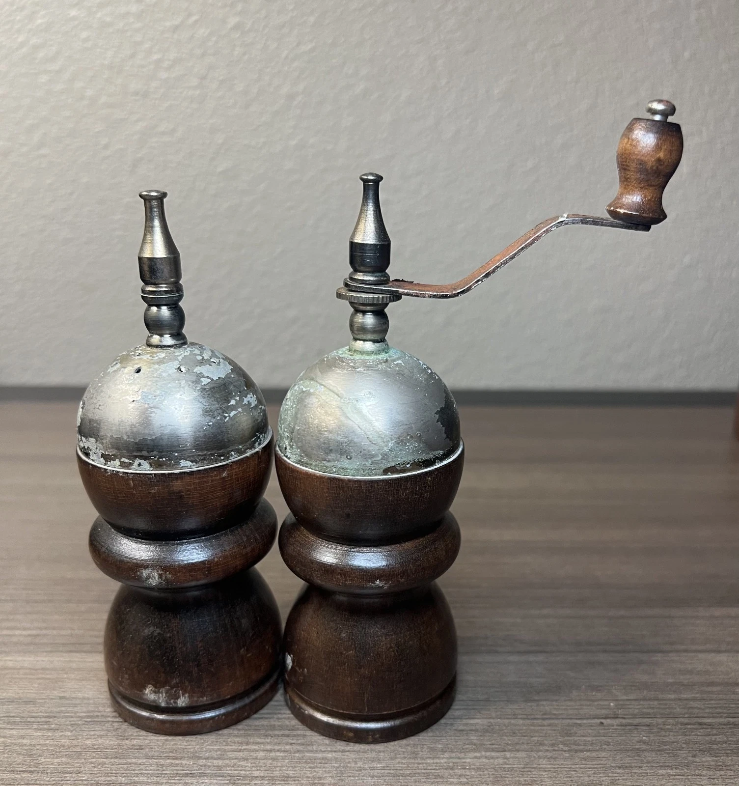 German Pepper Mill Grinder & Salt Shaker Wooden Metal Dark Brown Beechwood Vtg