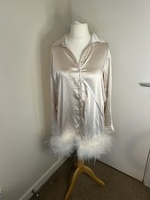 Club L Size 10 Set It Up Ivory Shirt Satin Mini Dress With Feather Trim White
