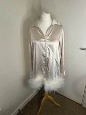 Club L Set It Up Ivory Shirt Satin Mini Dress With Feather Trim In White Size 10