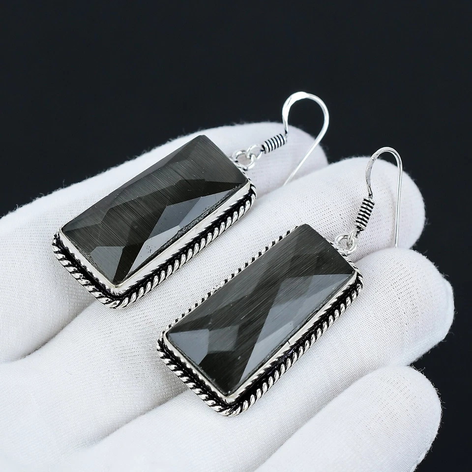 Orecchino In Onice Nero In Argento Sterling 925 Bellissimo Orecchino In Gemma. - Immagine 3 di 4