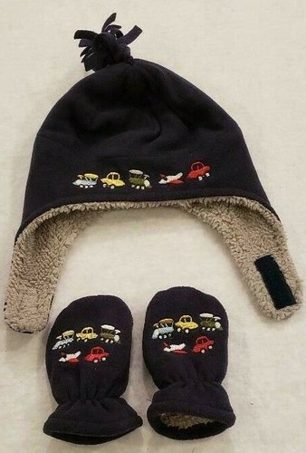 Boys Trapper Hat & Mittens Set Planes, Trains & Automobiles Blue Sherpa-Lined