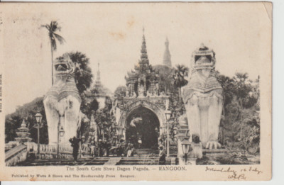 RANGOON, BURMA - DAS SÜDTOR SHWE DAGON PAGODE S/W POSTKARTE (1903) +