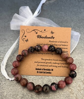 RHODONITE Bracelet Stretch Fit Handmade + Gift Bag & Card Crystal Gemstone 8mm