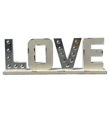 Rustic Farmhouse Wood Metal “LOVE” Sign Plaque WHITE SILVER 12” X 4” NEW