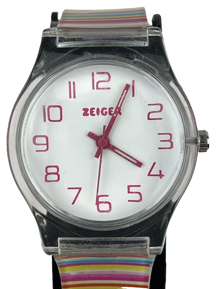 Reloj ZEIGER Mujer Niñas Cuarzo Rayas Banda Rosa Números Nuevo Batería Funcionamiento Foto 2 de 4