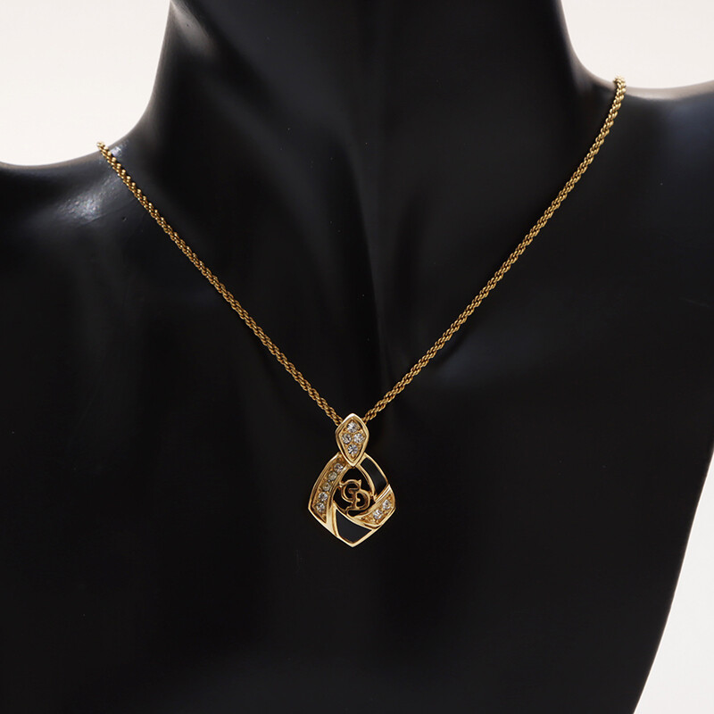 Dior Necklace Gold Rhinestone CD Logo Chain 38cm W15mm x