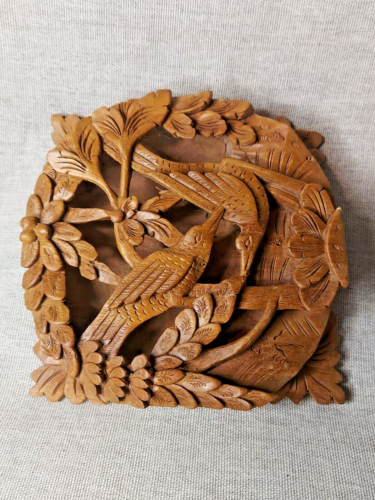 Panel de madera vintage balinés tallado a mano para pájaros y árboles - Imagen 1 de 8