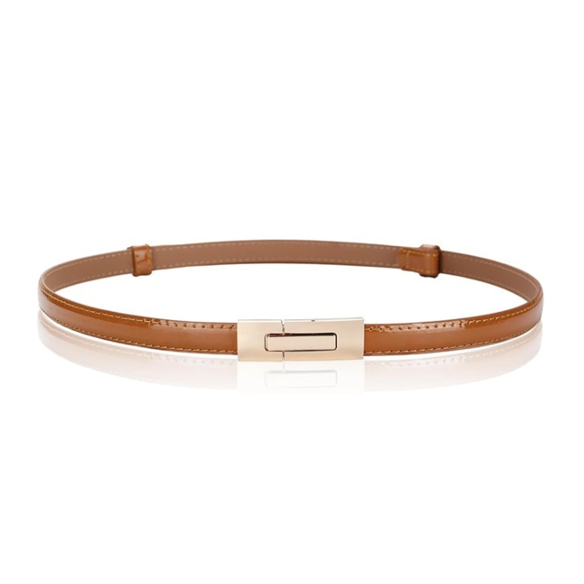 Lejon | Women | Chestnut Handcrafted Patent Leather Skinny Belt | Size Small Women main image 2