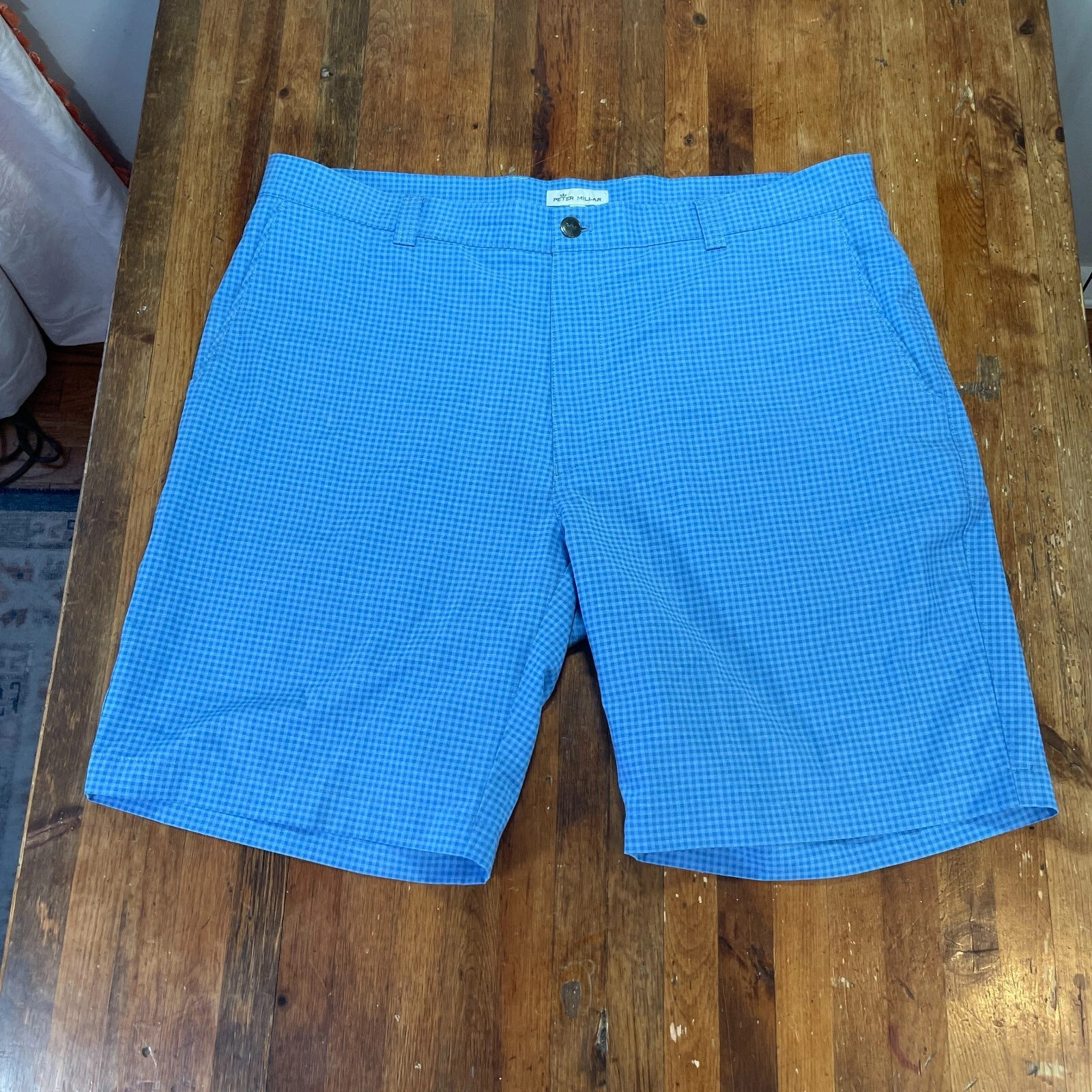 Peter Millar Shorts 38 Blue Check Chino Golf Casual Preppy 9" Inseam