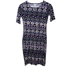 LuLaRoe Julia Dress Womens XXS Black Purple Short Sleeve Stretch Casual Work