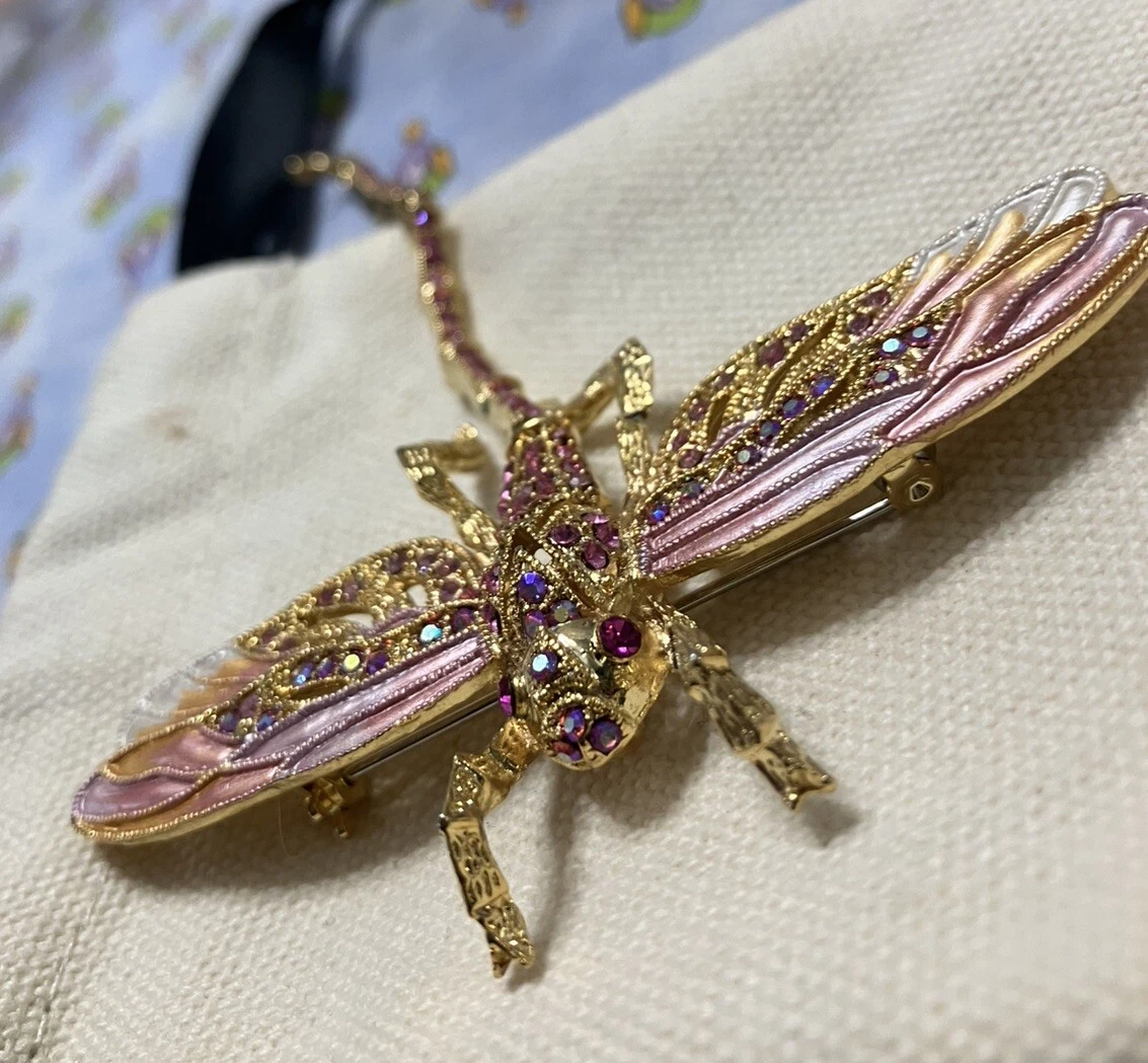 Pin Vintage rhinestone enamel Gold Tone moving dragonfly brooch pin pendant Sm