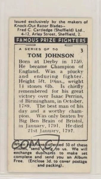 1938 Fred C Cartledge Razors Famous Prize Fighters Tom Johnson #3 - Image 2 of 2