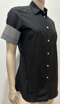 ACNE STUDIOS Black Cotton & Silk Short Sleeve Striped Cuff Blouse Shirt EU 38