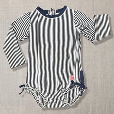 RuffleButts Navy White Seersucker Stripe Rash Guard One Piece Swimsuit 2T