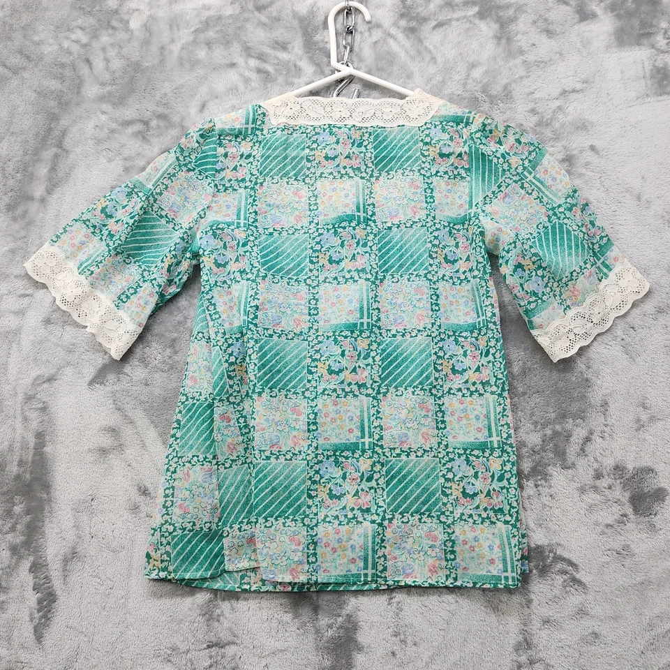 Vintage 70s Top Womens XS Green Patchwork Floral Lace Square Neck Peasant Boho - Image 4 of 4