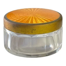 Art Deco Vanity Glass Powder Jar Orange Guilloche Celluloid Brass 1920s-1940s
