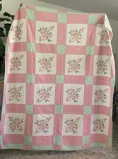 Vintage Applique Quilt 70x80 Pink Green Floral Urn Hand Applique