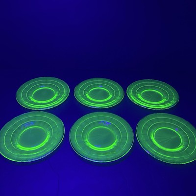 Block Optic Green Depression Uranium Glass 6.25'' Bread & Butter Plate Set of 6