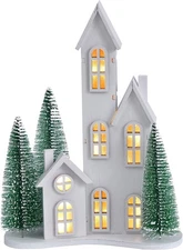 White Christmas Village Set with LED, Wooden Xmas Tabletop Decor, Mini Winter To