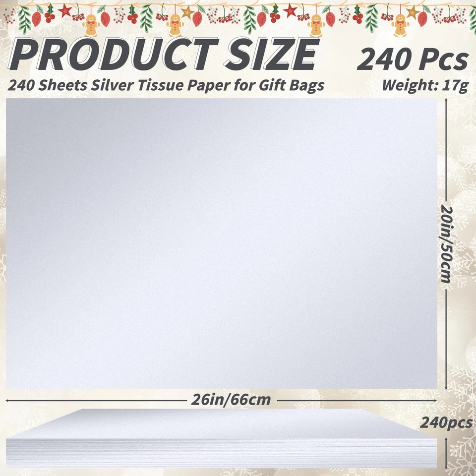 240 Sheets 20"X26" Large Silver Gift Wrapping Tissue Paper Bulk Metallic Pape... - Image 2 of 4
