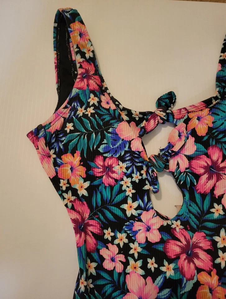 NWT Island Soul One Piece Swimsuit Sz S Black Neon Floral Print Tie Front Bathin - Image 4 of 4