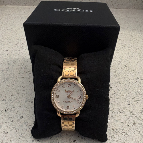 Coach Delancey Women’s Quartz Gold Bracelet Watch White Dial Crystal Bezel Box