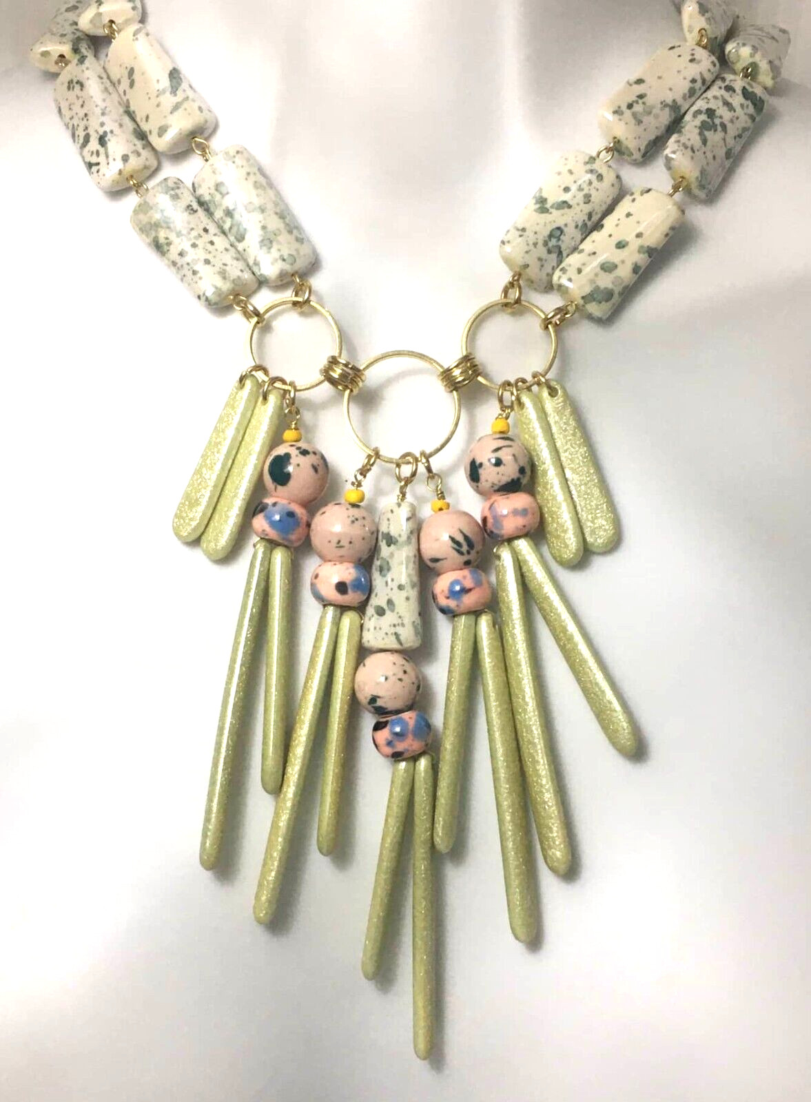 Statement Necklace Double Strand Light Green Pink… - image 6