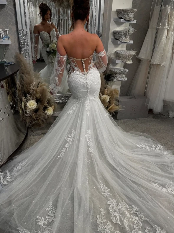 Vestidos de novia de sirena con mangas desmontables tren de barrido sin espalda vestido de novia Foto 2 de 4