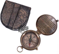 POEM BRASS COMPAS ENGRAVED WORKING NAUTICAL COMPASSES WITH CASE GENUINE LEATHER