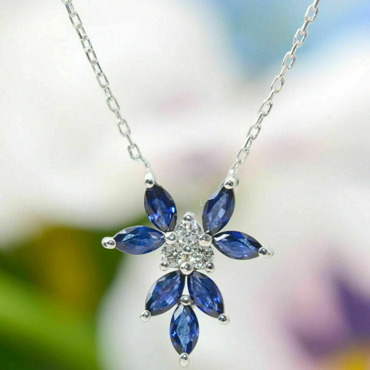 2 Ct Marquise Blue Sapphire Diamond Halo Pendant Necklace 14K