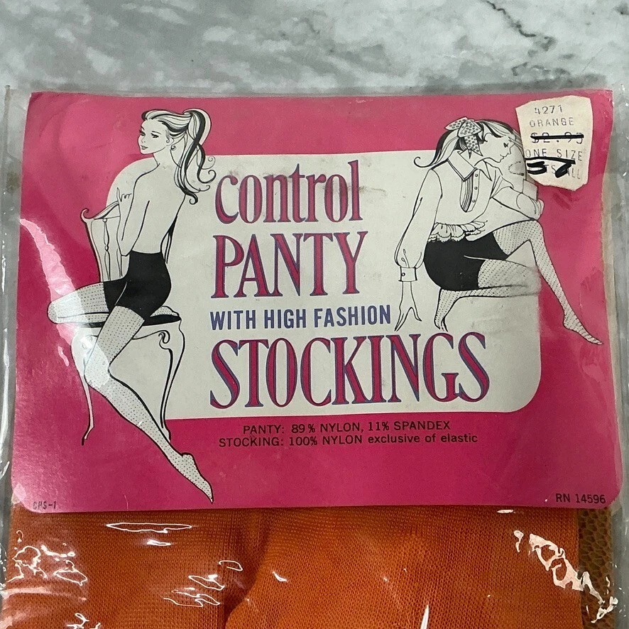 Medias, pantimedias, medias de red de pesca naranja vintage de los años 60 NOS Foto 3 de 4